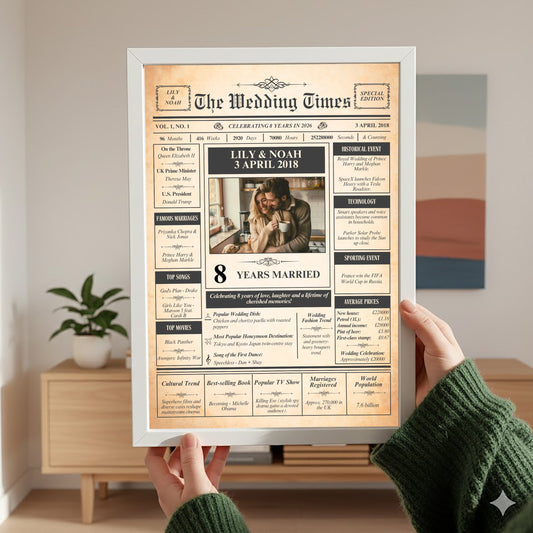 A person is holding up a framed newspaper-style wedding announcement for the recipient, Lily and Noah, celebrating their 8th wedding anniversary.