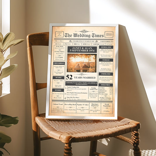 The image is a framed newspaper-style announcement celebrating the 52nd anniversary of a recipient, Janet and Alan, with various details and information about their life and marriage.