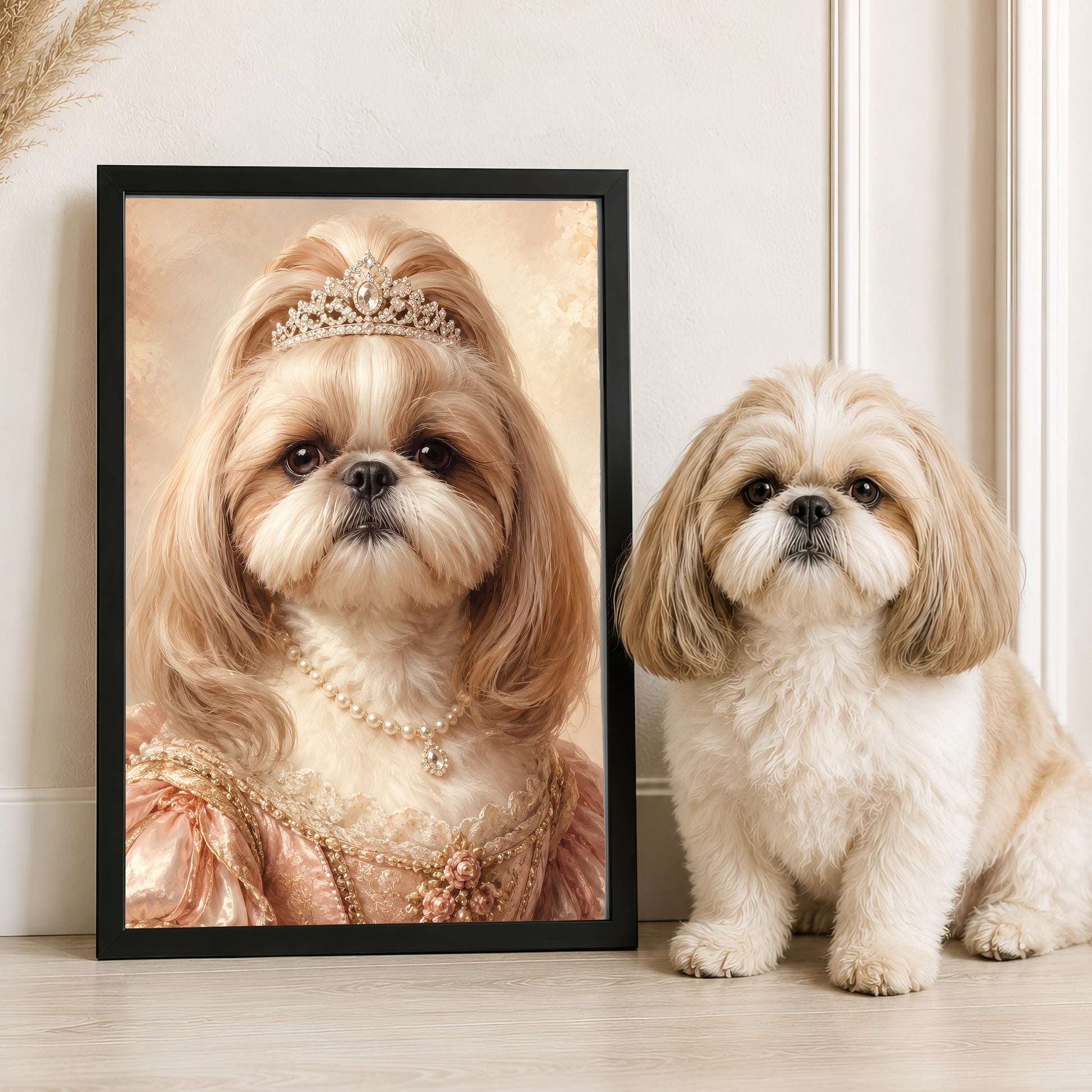 A small Shih Tzu dog wearing a tiara and a pink dress is standing next to a framed picture of the same dog in a tiara.