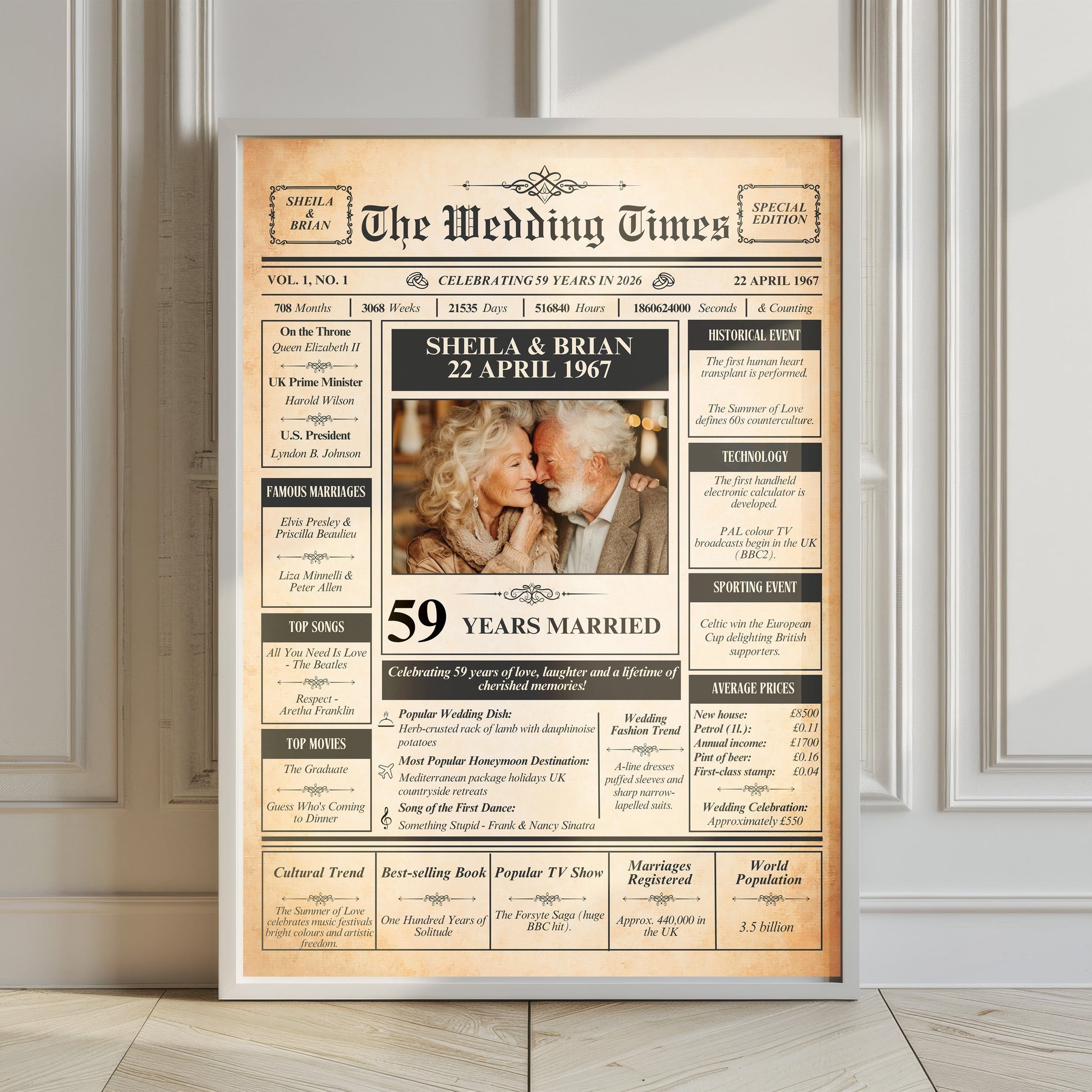 The image is a framed newspaper-style wedding anniversary poster celebrating the 50th anniversary of the marriage of Sheila and Brian.