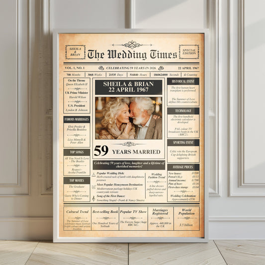 The image is a framed newspaper-style wedding anniversary poster celebrating the 50th anniversary of the marriage of Sheila and Brian.